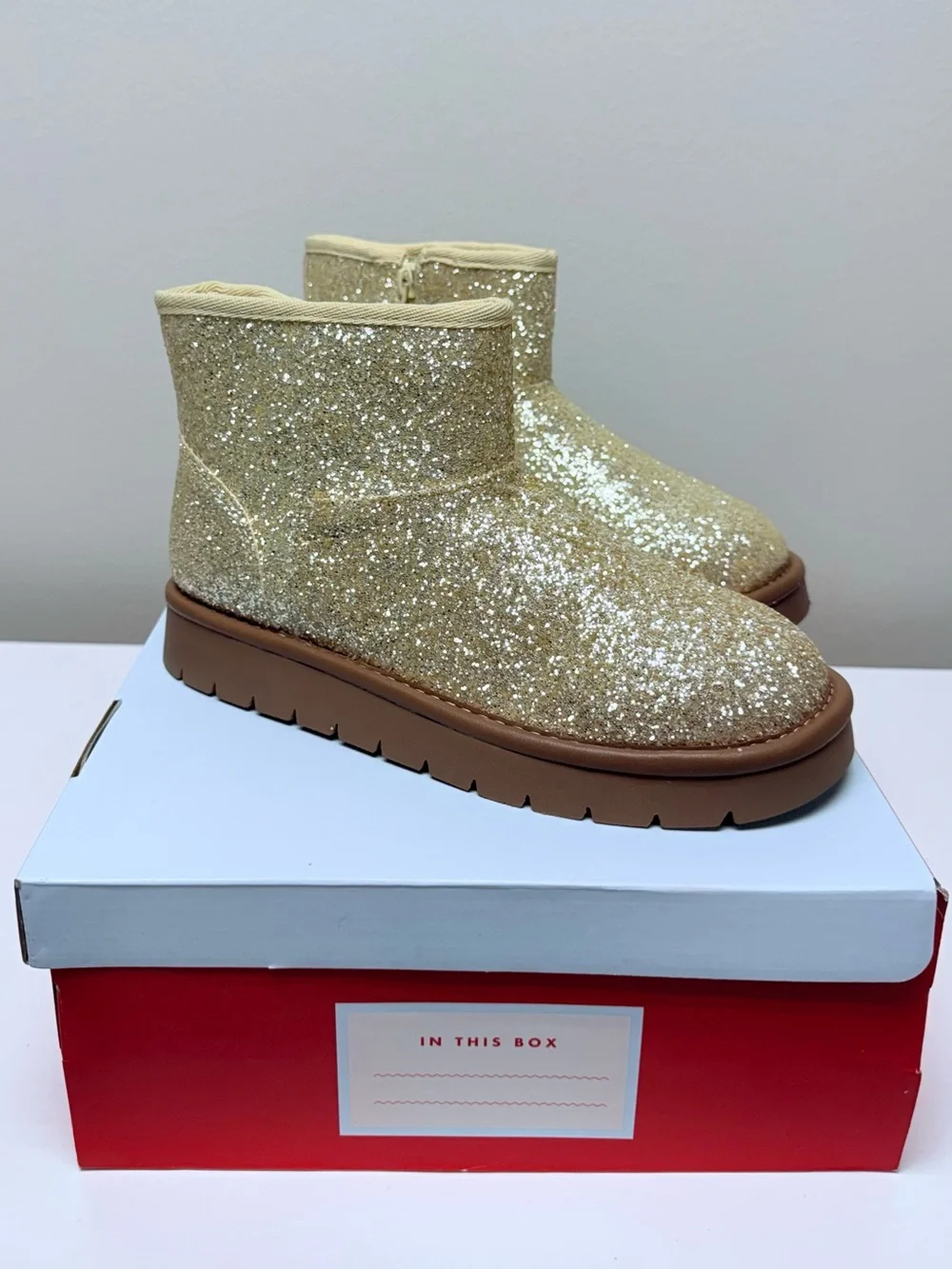 Cat & Jack Girls Size 3 Gold Glitter Ankle Boots Faux Suede Style Honor Boots